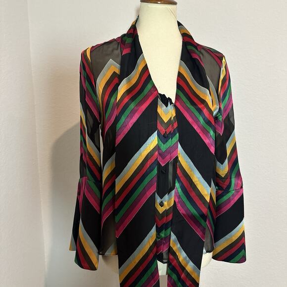 Alice + Olivia Colorful Striped Silk Bowtie Sheer Button Top Sz XS Blouse Preppy - Picture 10 of 12
